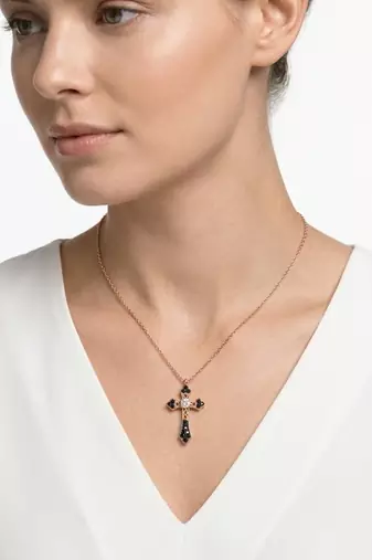 925 Sterling Silver Cross Rose Gold  Black  & White CZ Pendant Necklace Set  for Women