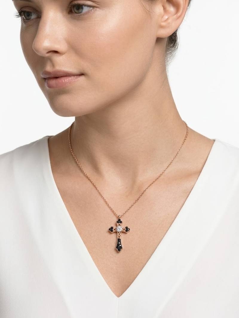 925 Sterling Silver Cross Rose Gold  Black  & White CZ Pendant Necklace Set  for Women