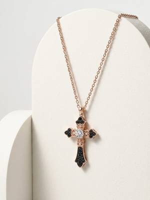 925 Sterling Silver Cross Rose Gold  Black  & White CZ Pendant Necklace Set  for Women 2
