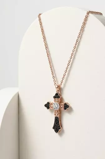 925 Sterling Silver Cross Rose Gold  Black  & White CZ Pendant Necklace Set  for Women