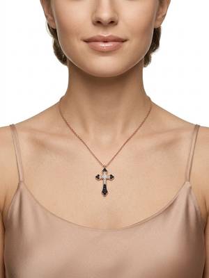 925 Sterling Silver Cross Rose Gold  Black  & White CZ Pendant Necklace Set  for Women 3