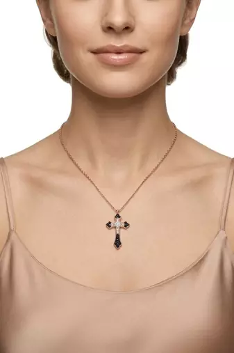925 Sterling Silver Cross Rose Gold  Black  & White CZ Pendant Necklace Set  for Women