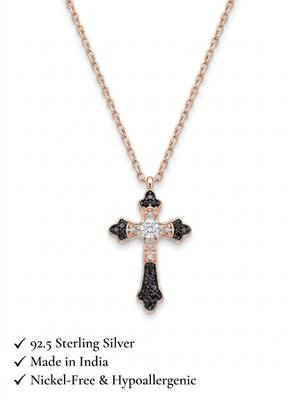 925 Sterling Silver Cross Rose Gold  Black  & White CZ Pendant Necklace Set  for Women 4