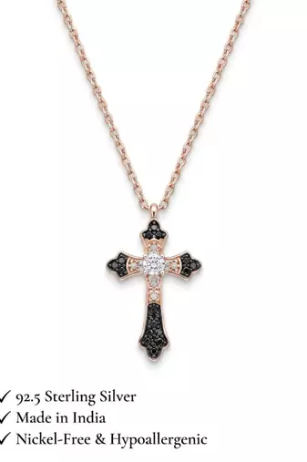 925 Sterling Silver Cross Rose Gold  Black  & White CZ Pendant Necklace Set  for Women