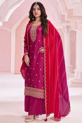 Pinkish red embroidered vichitra semi-stitched salwar suit