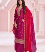 Pinkish red embroidered vichitra semi-stitched salwar suit