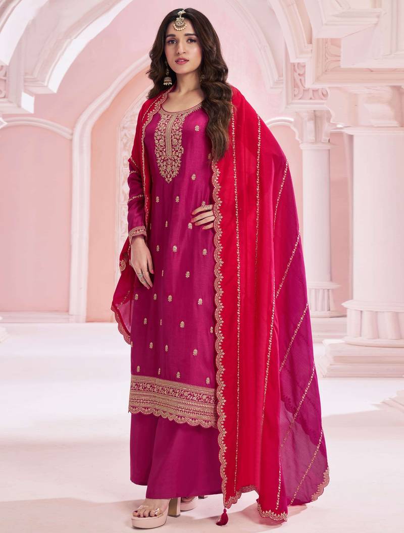 Pinkish red embroidered vichitra semi-stitched salwar suit