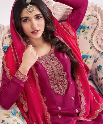 Pinkish red embroidered vichitra semi-stitched salwar suit 2