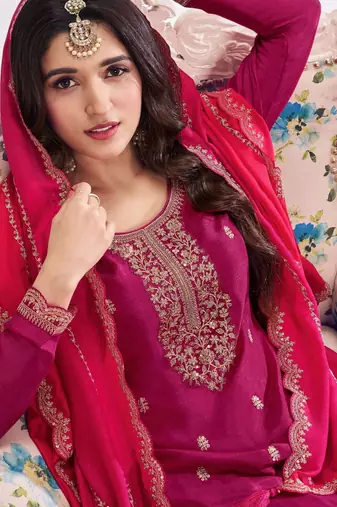 Pinkish red embroidered vichitra semi-stitched salwar suit