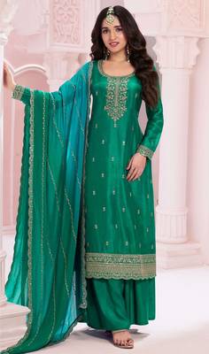 Pine green embroidered vichitra semi-stitched salwar suit 1