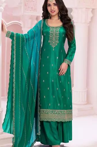 Pine green embroidered vichitra semi-stitched salwar suit