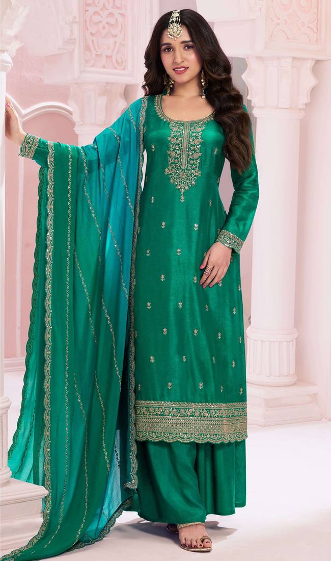 Pine green embroidered vichitra semi-stitched salwar suit