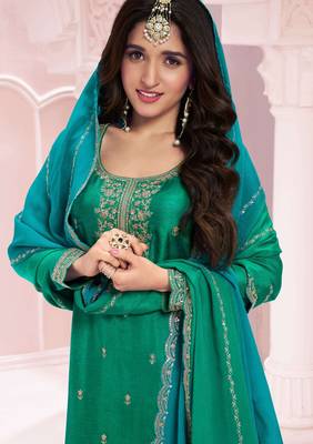 Pine green embroidered vichitra semi-stitched salwar suit 2