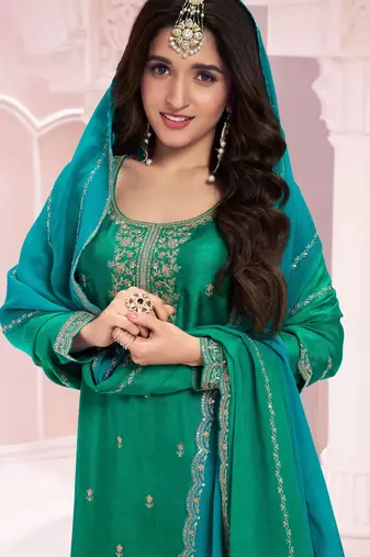 Pine green embroidered vichitra semi-stitched salwar suit