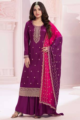 Grape purple embroidered vichitra semi-stitched salwar suit