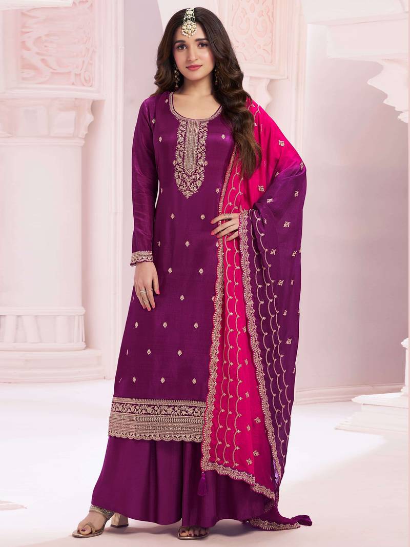 Grape purple embroidered vichitra semi-stitched salwar suit