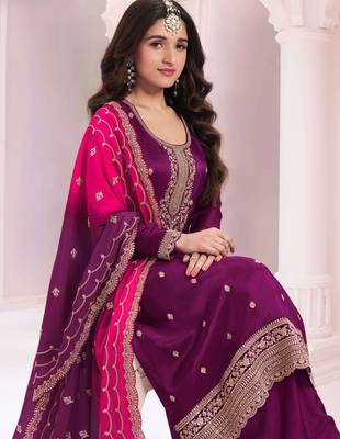 Grape purple embroidered vichitra semi-stitched salwar suit 2