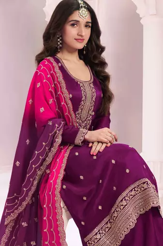 Grape purple embroidered vichitra semi-stitched salwar suit