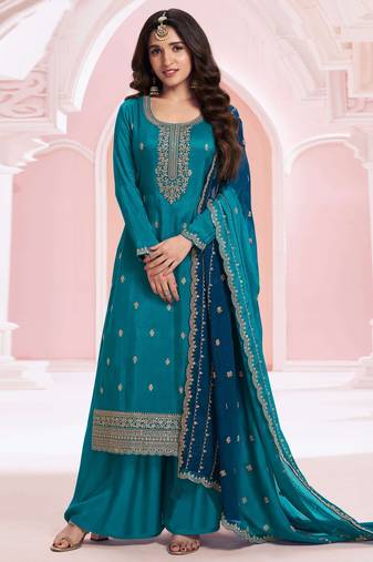 Teal blue embroidered vichitra semi-stitched salwar suit