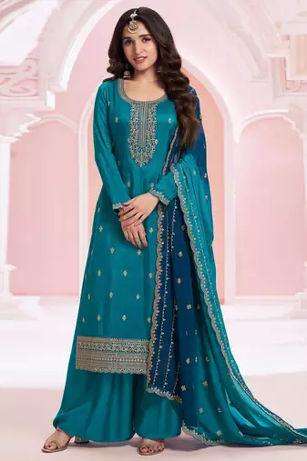 Teal blue embroidered vichitra semi-stitched salwar suit