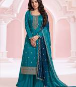 Teal blue embroidered vichitra semi-stitched salwar suit