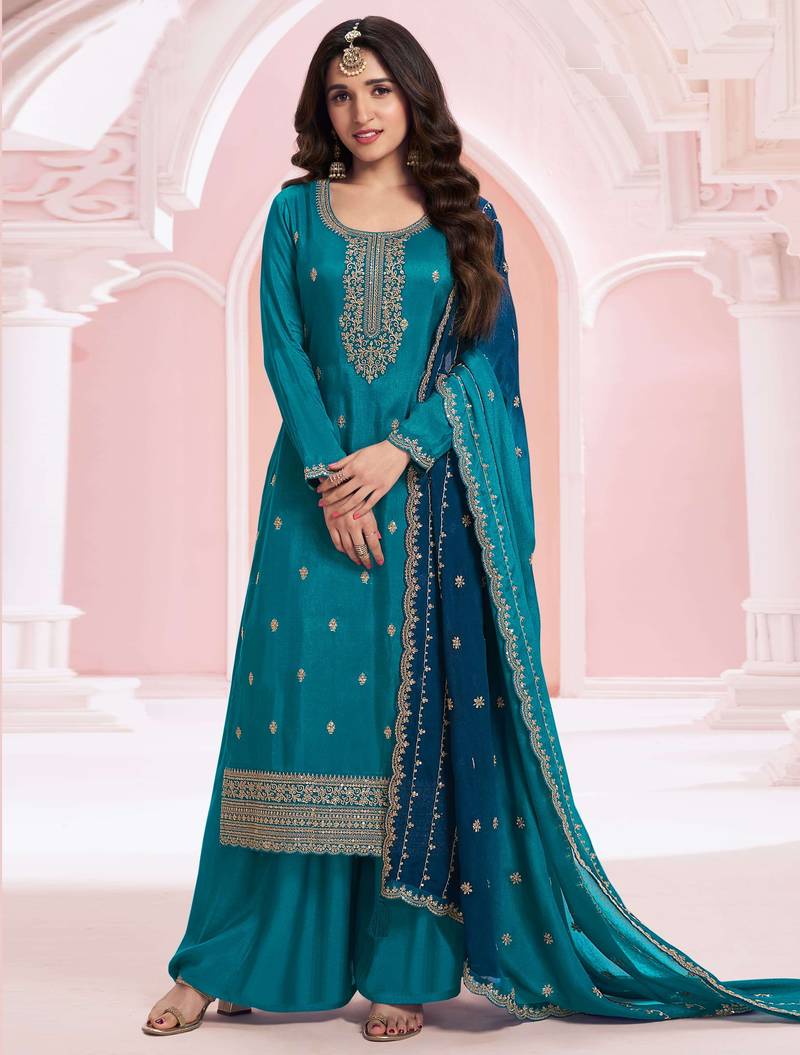 Teal blue embroidered vichitra semi-stitched salwar suit