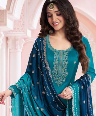 Teal blue embroidered vichitra semi-stitched salwar suit 2