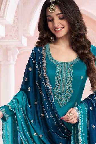 Teal blue embroidered vichitra semi-stitched salwar suit