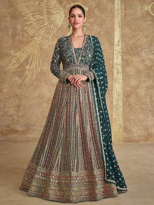 Green embroidered georgette free size stitched anarkali suit 2