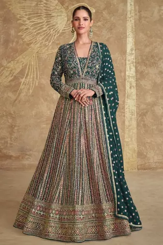 Green embroidered georgette free size stitched anarkali suit