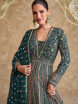 Green embroidered georgette free size stitched anarkali suit 3