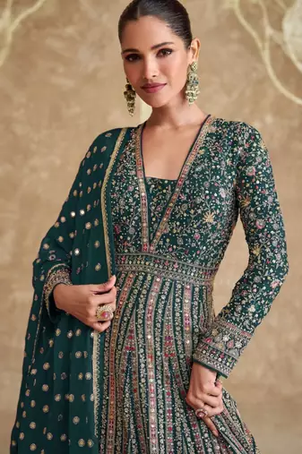 Green embroidered georgette free size stitched anarkali suit