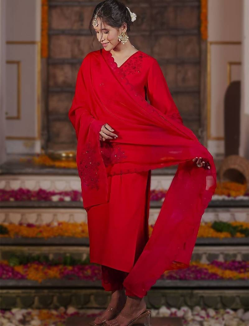 Women Embroidered Regular Sequined Kurta with Trousers & With Dupatta