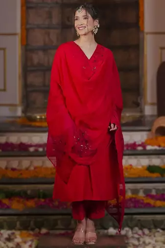 Women Embroidered Regular Sequined Kurta with Trousers & With Dupatta
