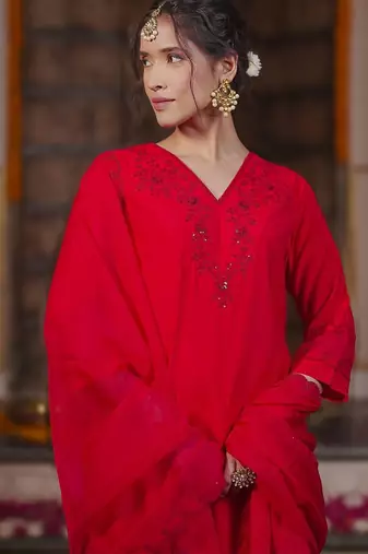 Women Embroidered Regular Sequined Kurta with Trousers & With Dupatta