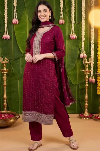 Women Ethnic Motifs Embroidered Regular Kurta with Trousers & With Dupatta