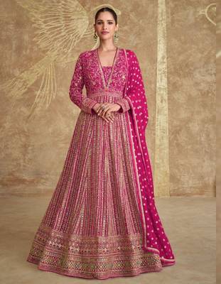 Pink embroidered georgette free size stitched anarkali suit 3