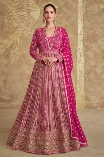 Pink embroidered georgette free size stitched anarkali suit