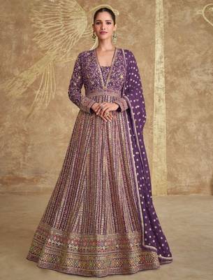 Purple embroidered georgette free size stitched anarkali suit 3