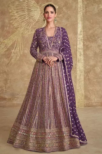 Purple embroidered georgette free size stitched anarkali suit
