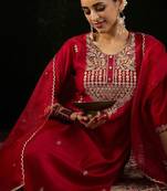 Round Neck Ethnic Embroidered Sequinned Kurta with Trouser & Dupatta