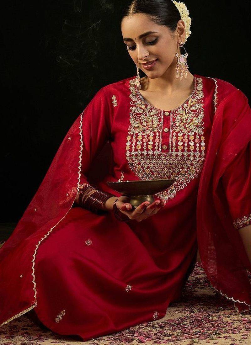 Round Neck Ethnic Embroidered Sequinned Kurta with Trouser & Dupatta