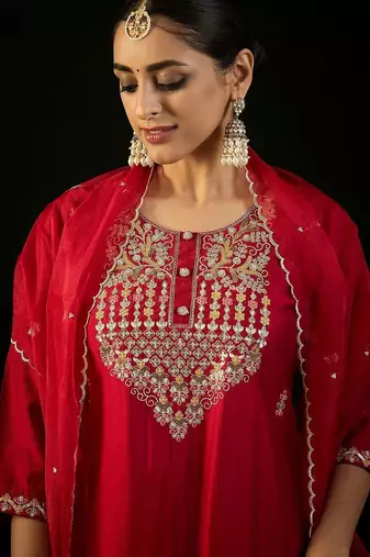 Round Neck Ethnic Embroidered Sequinned Kurta with Trouser & Dupatta