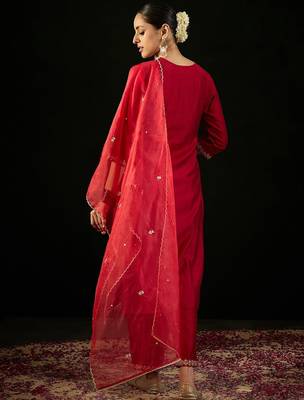 Round Neck Ethnic Embroidered Sequinned Kurta with Trouser & Dupatta 4