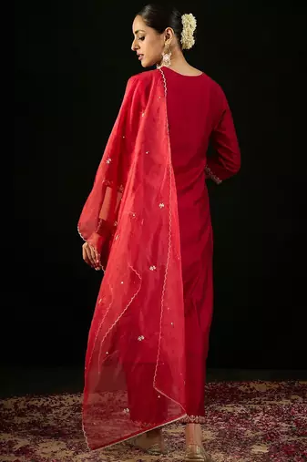 Round Neck Ethnic Embroidered Sequinned Kurta with Trouser & Dupatta