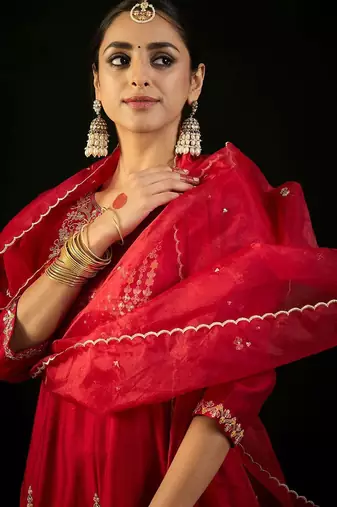 Round Neck Ethnic Embroidered Sequinned Kurta with Trouser & Dupatta