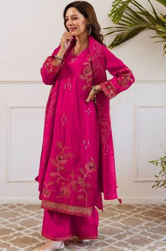 Women Ethnic Motifs Embroidered Regular Thread Work Kurta with Palazzos & With Dupatta