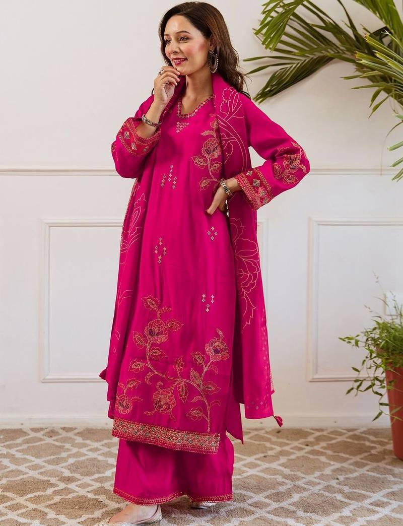 Women Ethnic Motifs Embroidered Regular Thread Work Kurta with Palazzos & With Dupatta