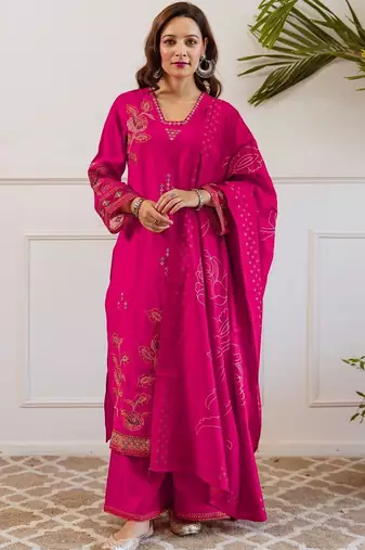 Women Ethnic Motifs Embroidered Regular Thread Work Kurta with Palazzos & With Dupatta