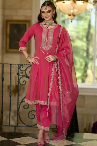 Embroidered Notch A-Line Kurta With Trousers & Dupatta